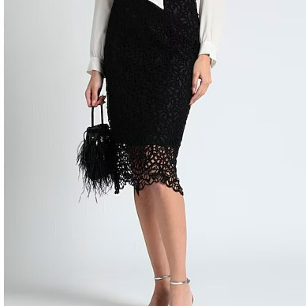 Zara Black Sheer Lace Detail Pencil Midi‎ Skirt Size XSmall